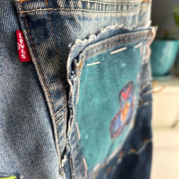 Upcycled Frayed Patchwork Jeans 33" Waist Handmade Streetwear Pants Painted - Picture 12 of 16